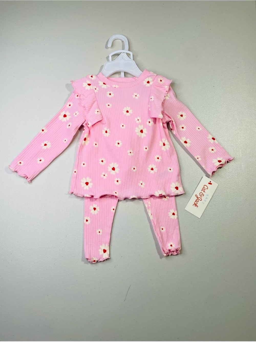 NWT Cat & Jack 6-9 Months Pink Daisy Ruffle Ribbed Two-Piece Set